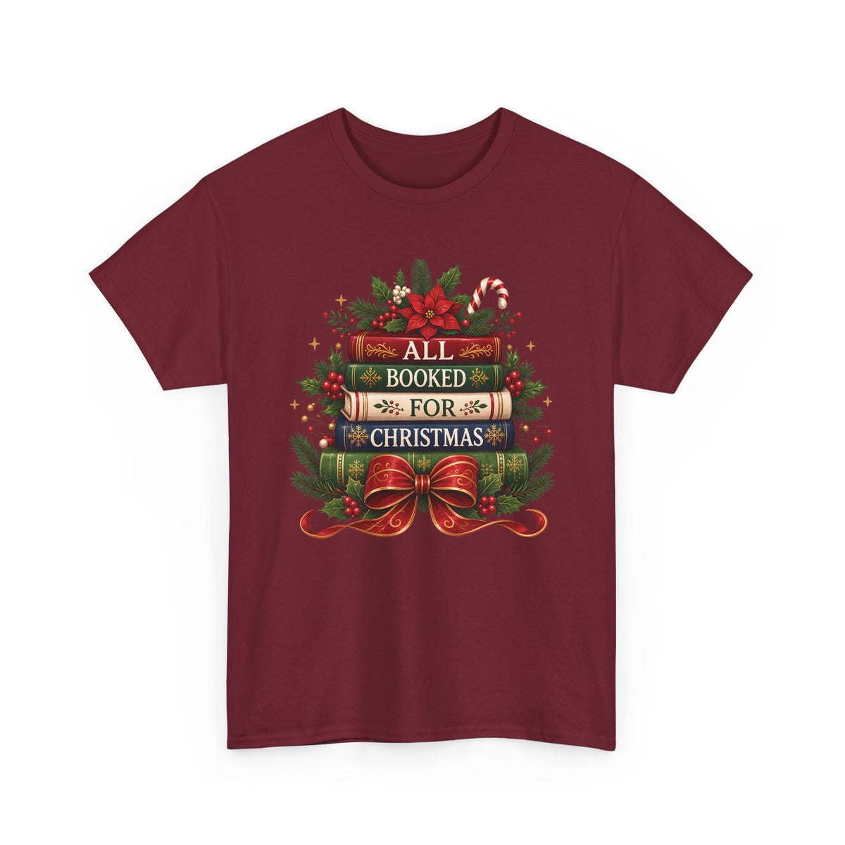 Garnet All Booked For Christmas t-shirt with a stack of vintage books, poinsettia and red bow, front view