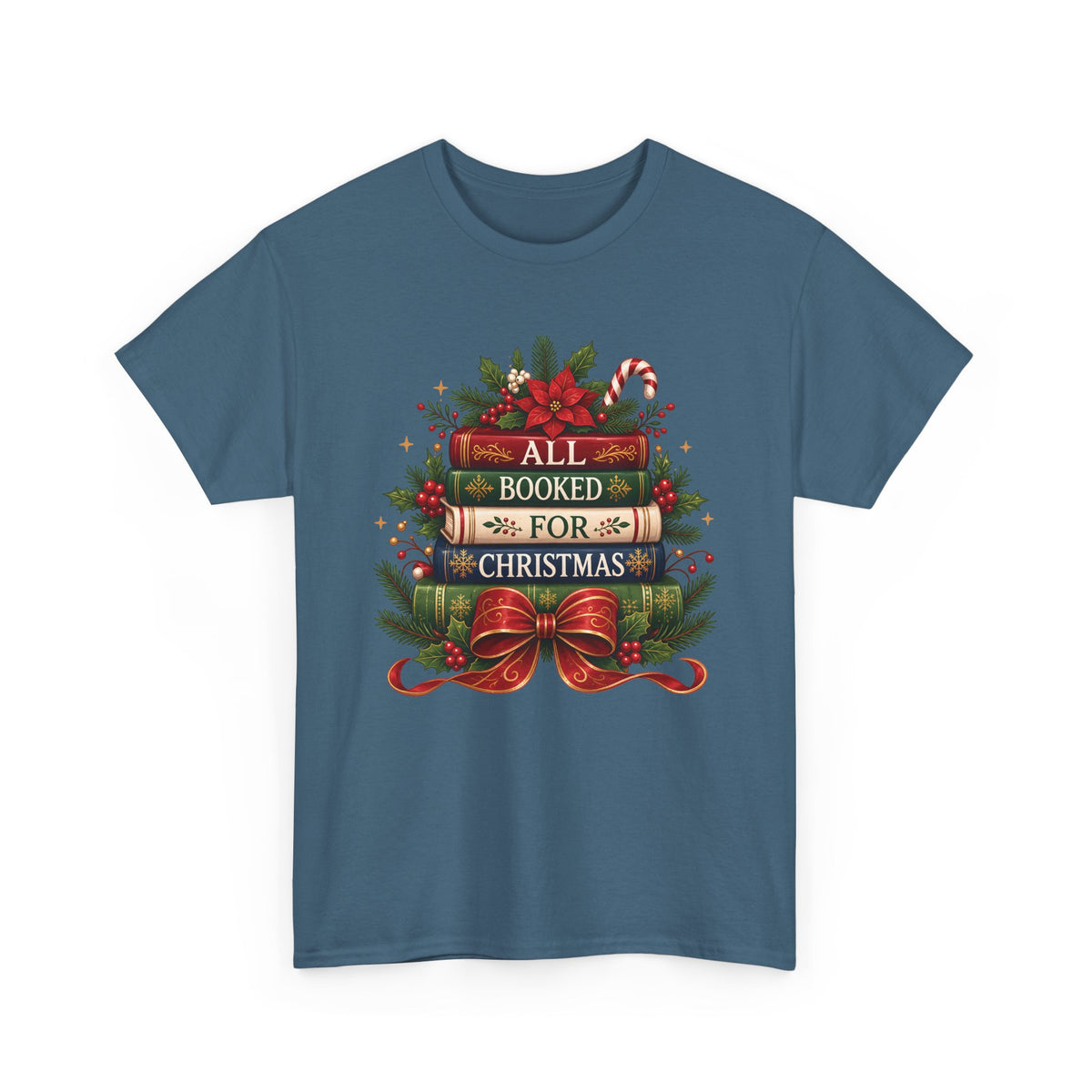 Indigo Blue All Booked For Christmas t-shirt with a stack of vintage books, poinsettia and red bow, front view