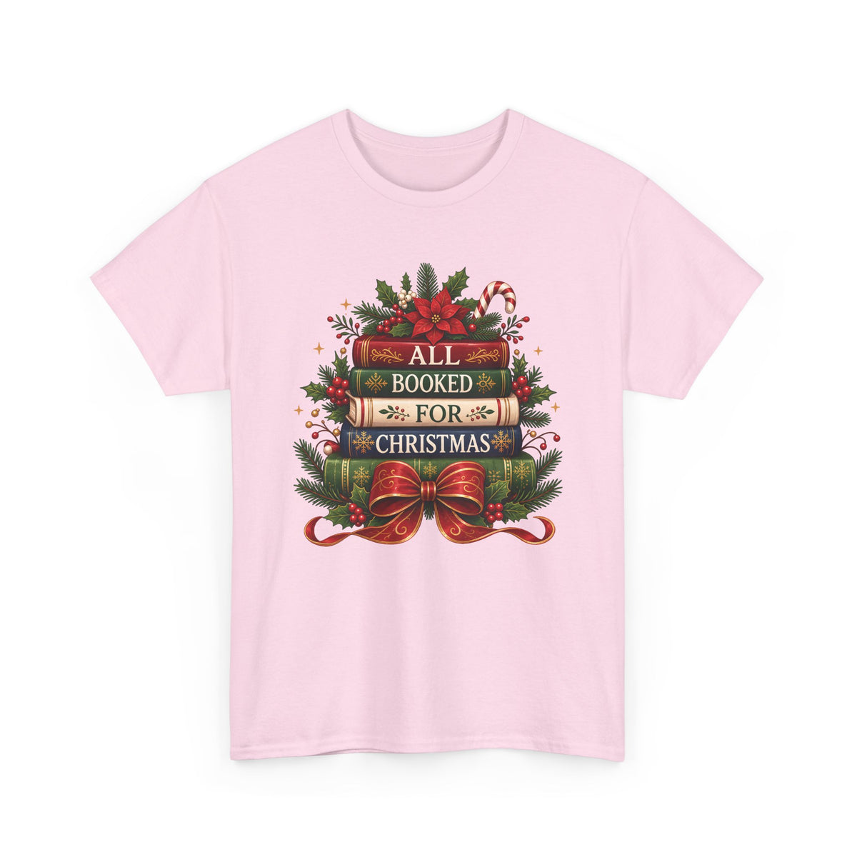 Light Pink All Booked For Christmas t-shirt with a stack of vintage books, poinsettia and red bow, front view