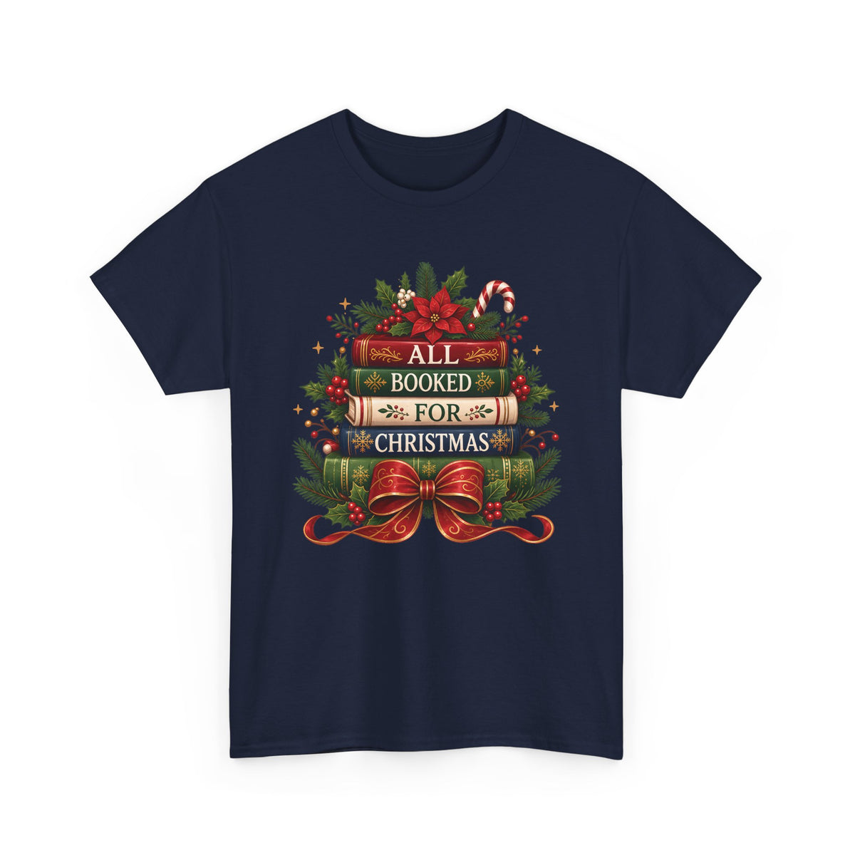 Navy All Booked For Christmas t-shirt with a stack of vintage books, poinsettia and red bow, front view