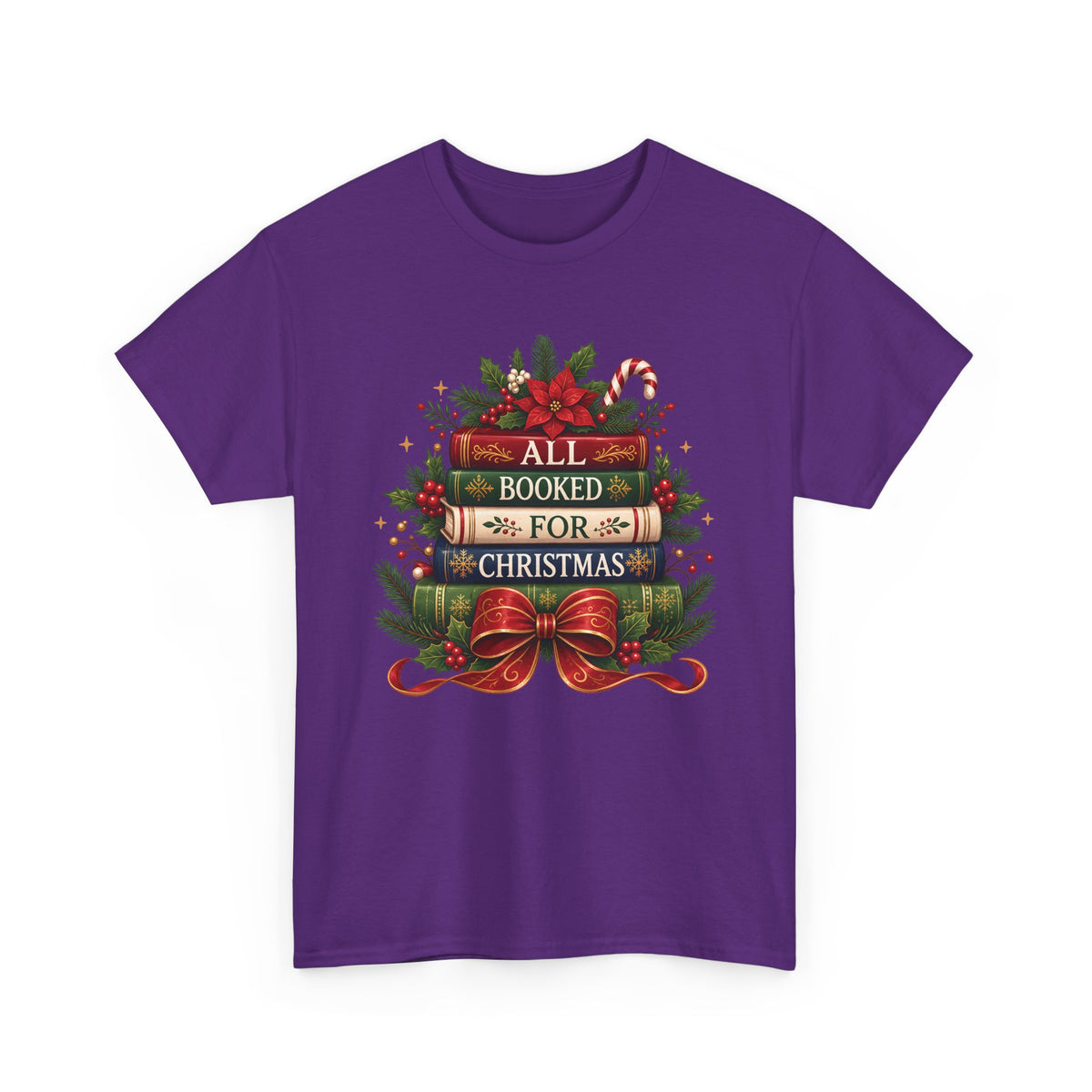 Purple All Booked For Christmas t-shirt with a stack of vintage books, poinsettia and red bow, front view