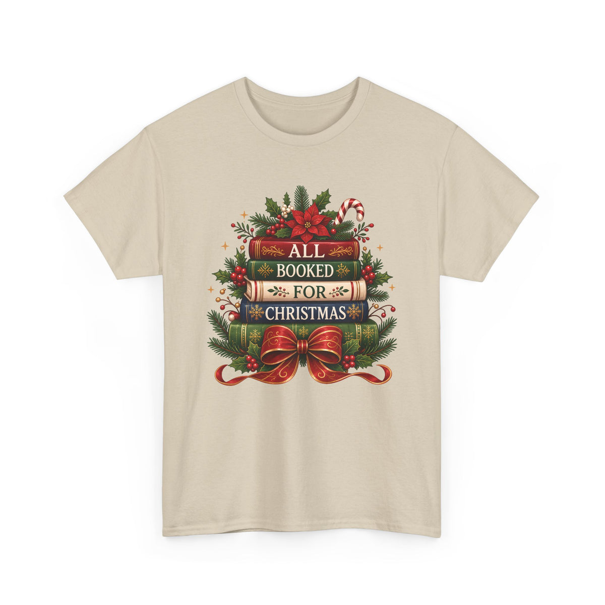 Sand All Booked For Christmas t-shirt with a stack of vintage books, poinsettia and red bow, front view