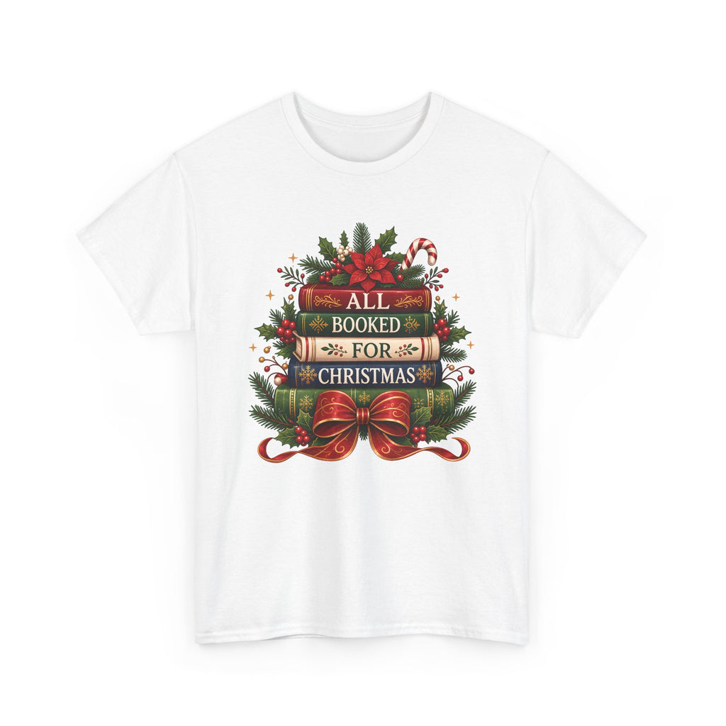 White All Booked For Christmas t-shirt with a stack of vintage books, poinsettia and red bow, front view