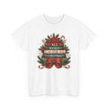 White All Booked For Christmas t-shirt with a stack of vintage books, poinsettia and red bow, front view
