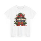 White All Booked For Christmas t-shirt with a stack of vintage books, poinsettia and red bow, front view