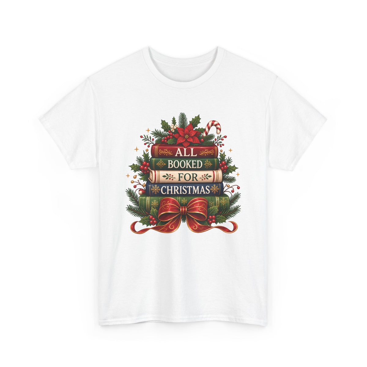 White All Booked For Christmas t-shirt with a stack of vintage books, poinsettia and red bow, front view