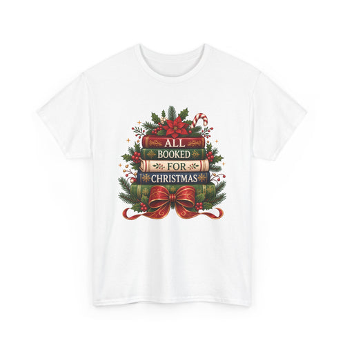 White All Booked For Christmas t-shirt with a stack of vintage books, poinsettia and red bow, front view