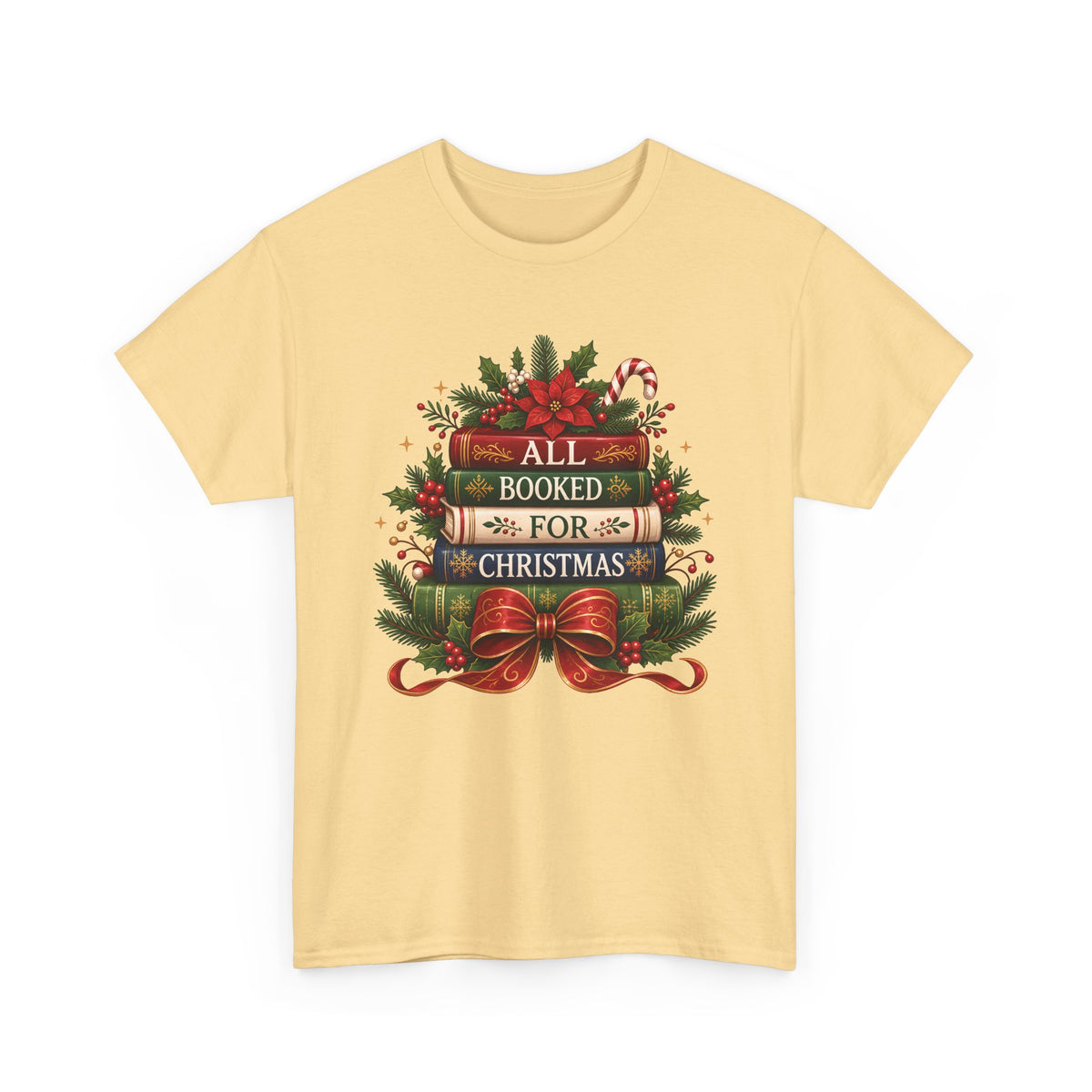 Yellow Haze All Booked For Christmas t-shirt with a stack of vintage books, poinsettia and red bow, front view