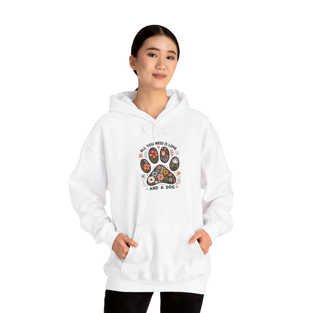 Model wearing the military green All You Need Is Love And A Dog Hoodie