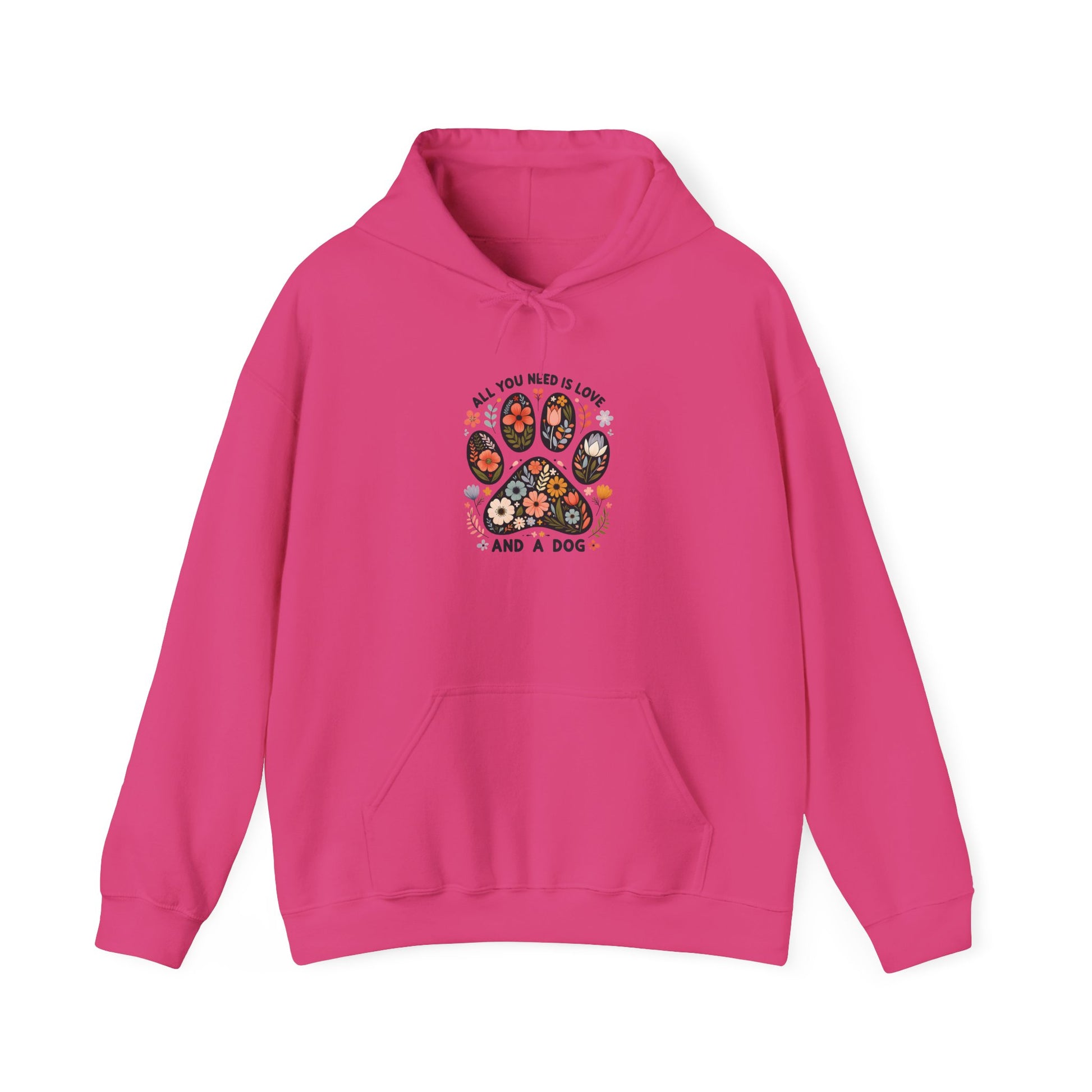 Heliconia pink All You Need Is Love And A Dog hoodie with floral dog paw print