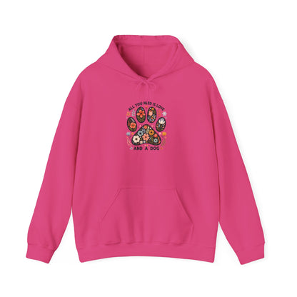 Heliconia pink All You Need Is Love And A Dog hoodie with floral dog paw print
