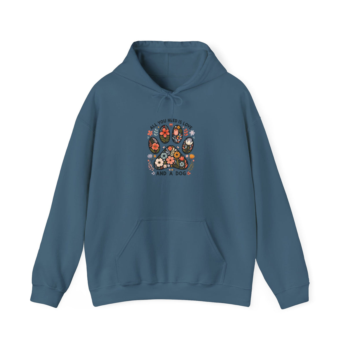 Indigo blue All You Need Is Love And A Dog hoodie with floral dog paw print