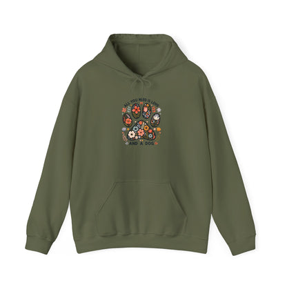 Military green All You Need Is Love And A Dog hoodie with floral dog paw print