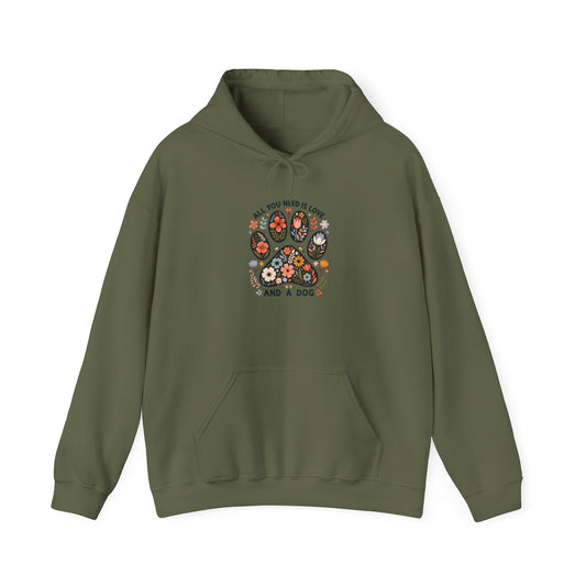 Military green All You Need Is Love And A Dog hoodie with floral dog paw print