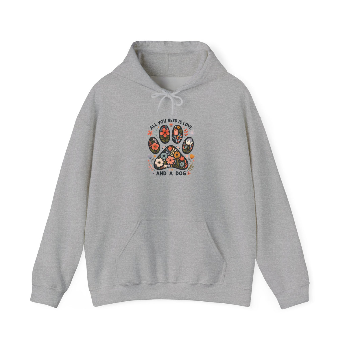 Sport grey All You Need Is Love And A Dog hoodie with floral dog paw print