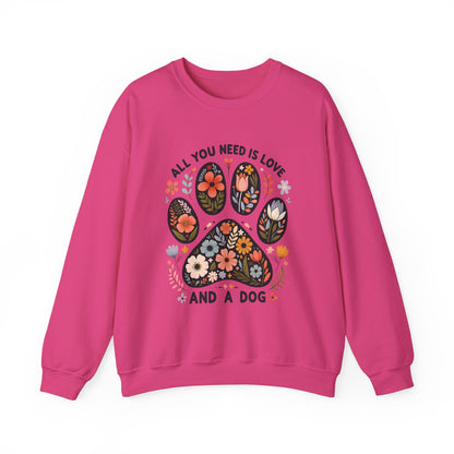 Heliconia pink All You Need Is Love And A Dog sweatshirt with floral dog paw print