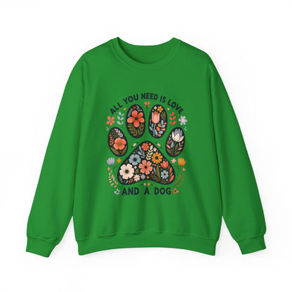 Irish green All You Need Is Love And A Dog sweatshirt with floral dog paw print