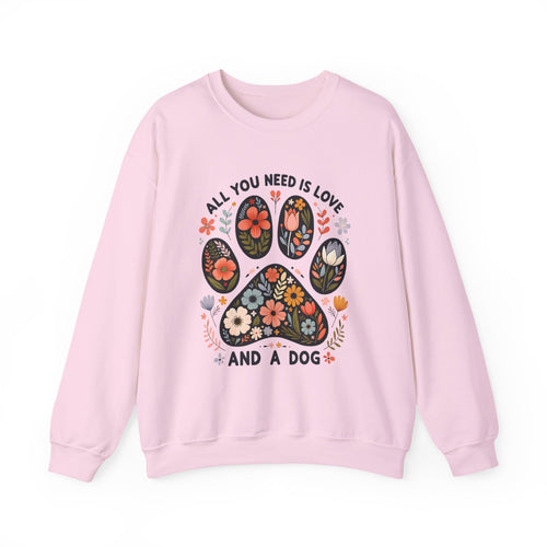 Light pink All You Need Is Love And A Dog sweatshirt with floral dog paw print