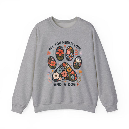 Sport grey All You Need Is Love And A Dog sweatshirt with floral dog paw print