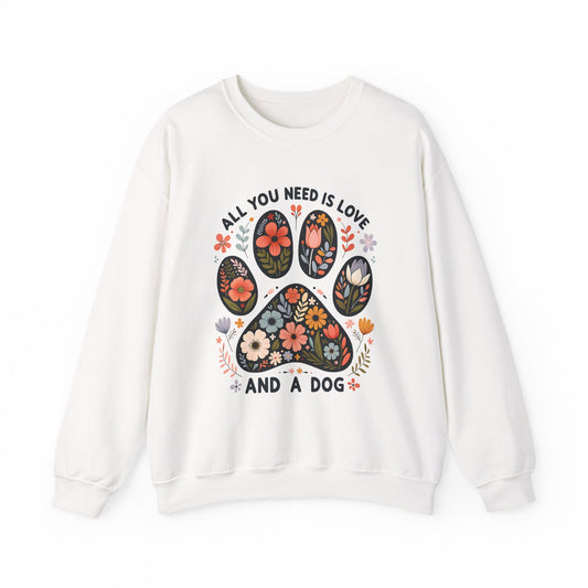 White All You Need Is Love And A Dog floral paw sweatshirt, front view