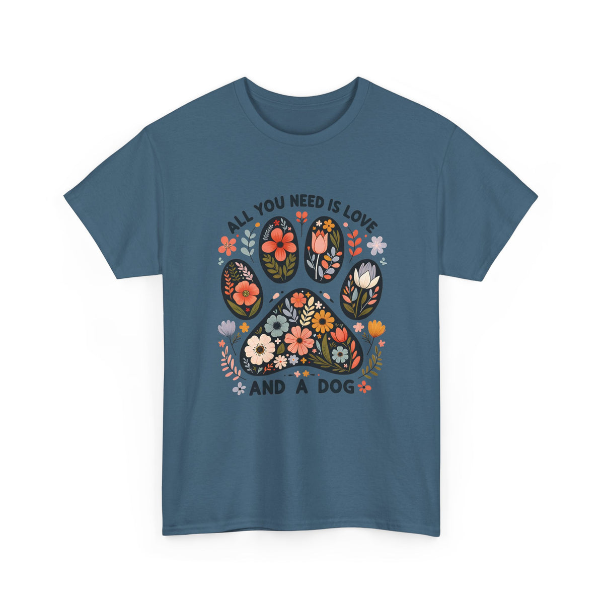 Indigo blue All You Need Is Love And A Dog t-shirt with floral dog paw print