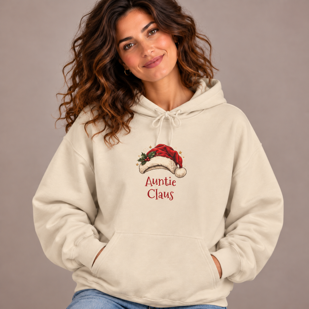 Woman wearing the Sand Auntie Claus Hoodie with jeans