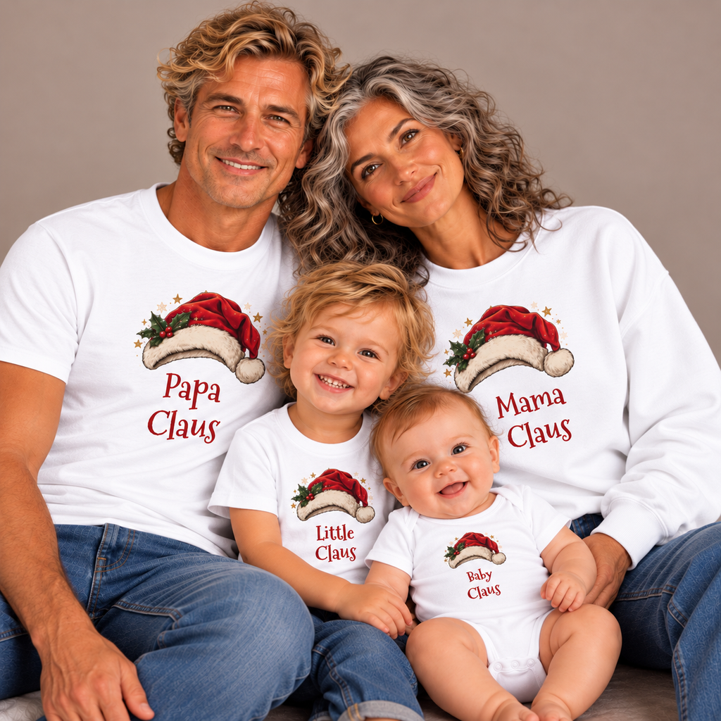 Family wearing matching Papa Claus, Mama Claus, Little Claus and Baby Claus shirts