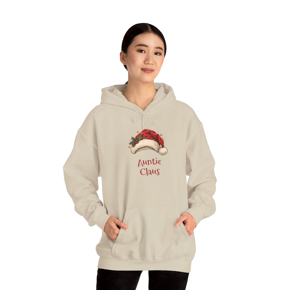 Woman wearing the Auntie Claus Hoodie
