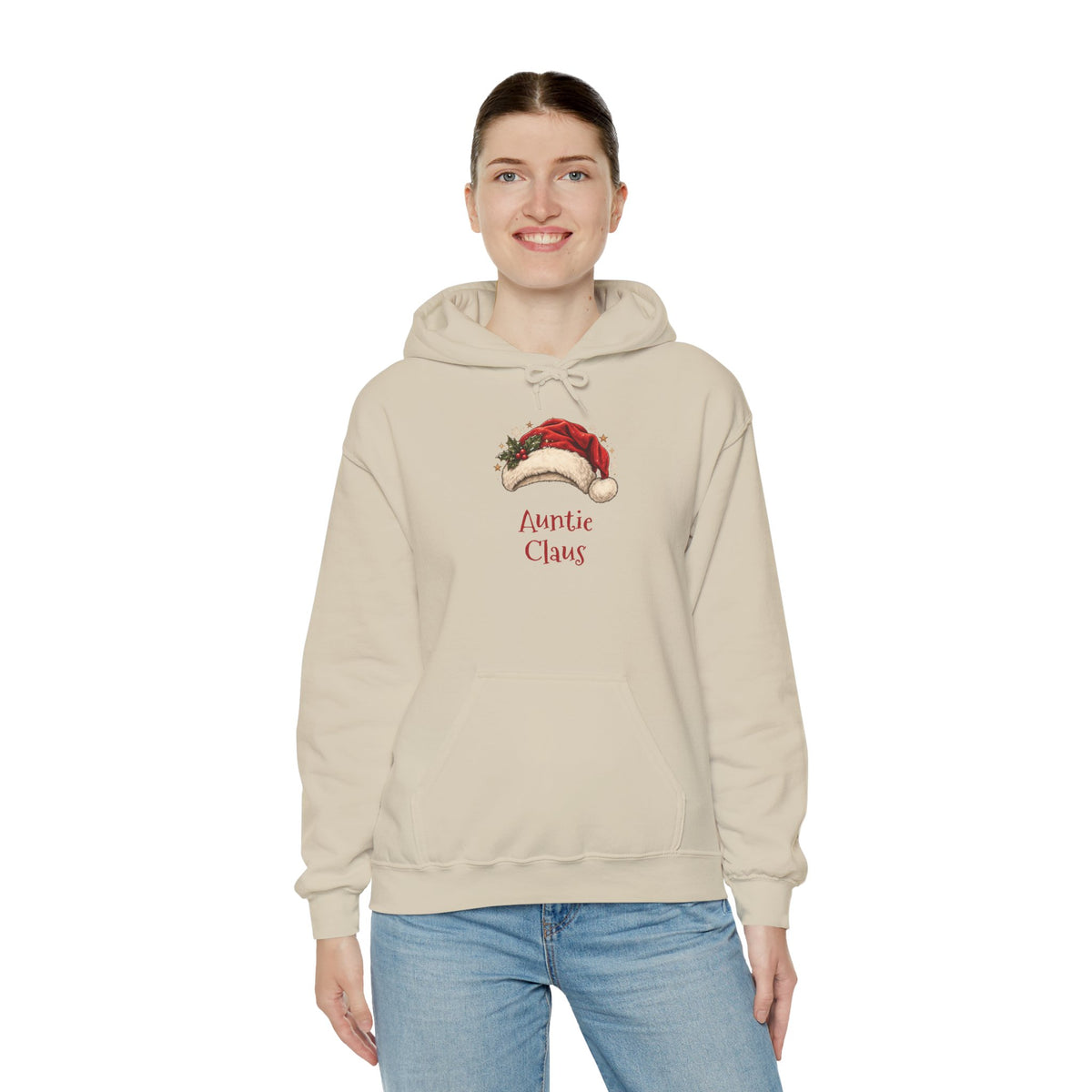 Woman wearing the Auntie Claus Hoodie, front view