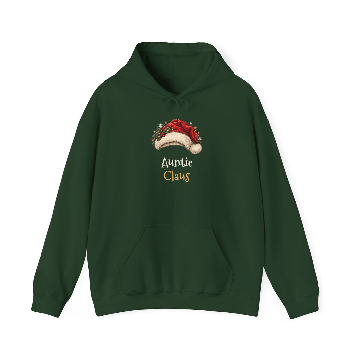 Forest Green Auntie Claus hoodie with a red Santa hat and holly, front view