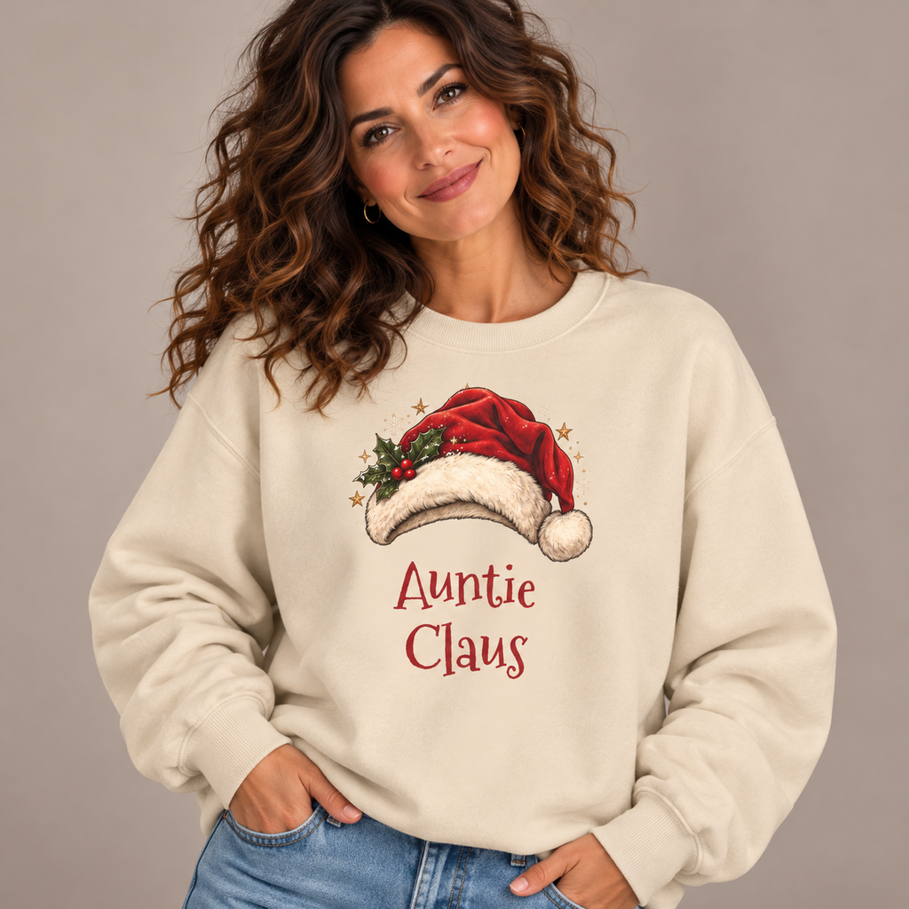 Woman wearing the Sand Auntie Claus Sweatshirt with jeans