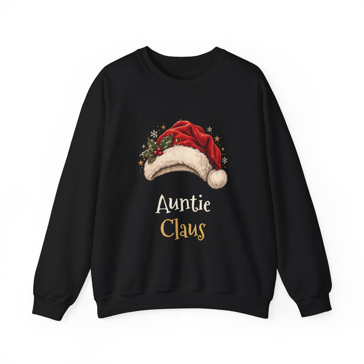 Black Auntie Claus sweatshirt with a red Santa hat and holly, front view