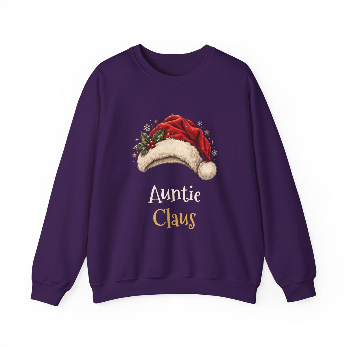 Purple Auntie Claus sweatshirt with a red Santa hat and holly, front view