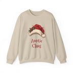 Sand Auntie Claus sweatshirt with a red Santa hat and holly, front view