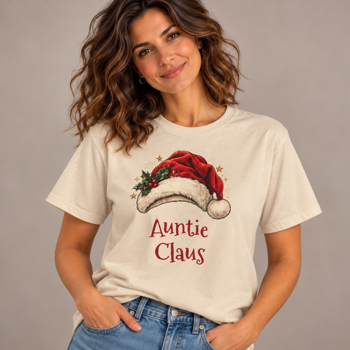 Woman wearing the Sand Auntie Claus T-Shirt with jeans