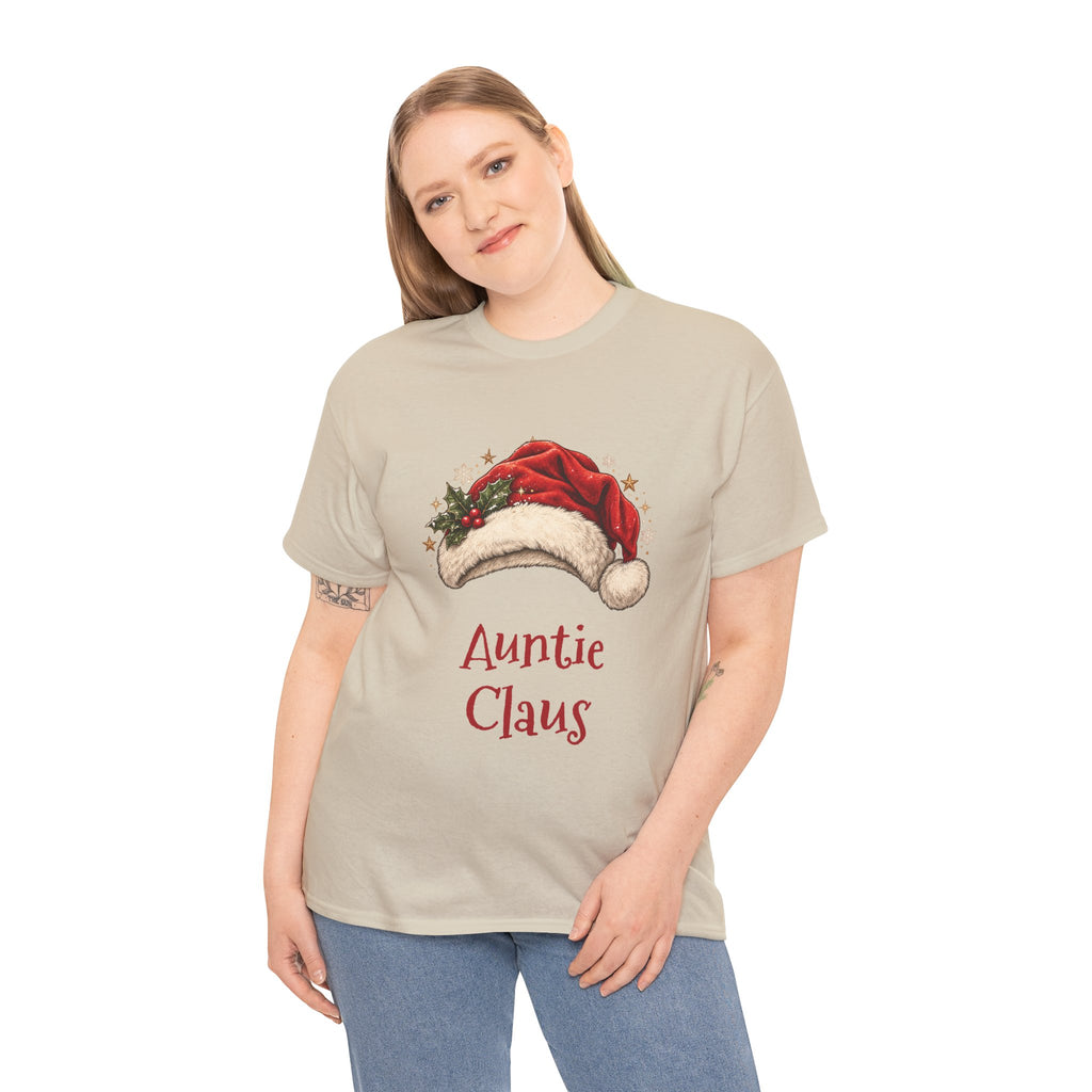 Woman wearing the Auntie Claus T-Shirt, smiling