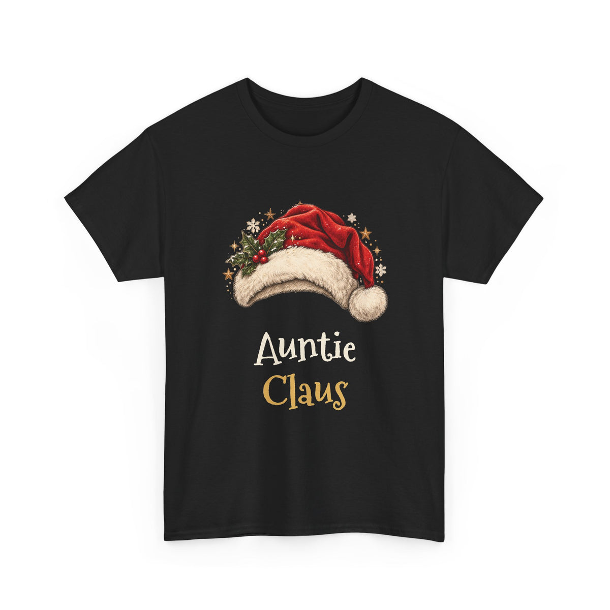 Black Auntie Claus t-shirt with a red Santa hat and holly, front view
