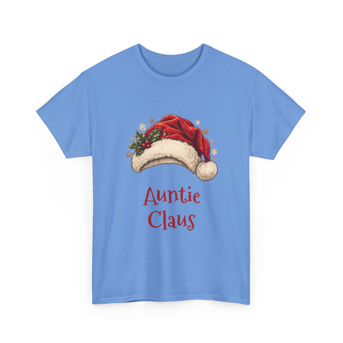 Carolina Blue Auntie Claus t-shirt with a red Santa hat and holly, front view