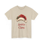 Sand Auntie Claus t-shirt with a red Santa hat and holly, front view