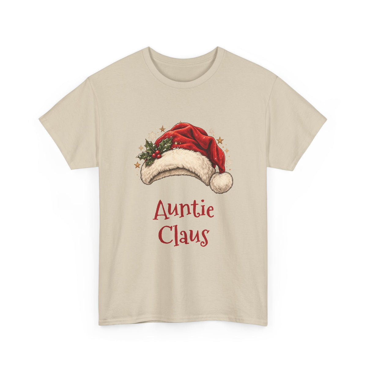 Sand Auntie Claus t-shirt with a red Santa hat and holly, front view