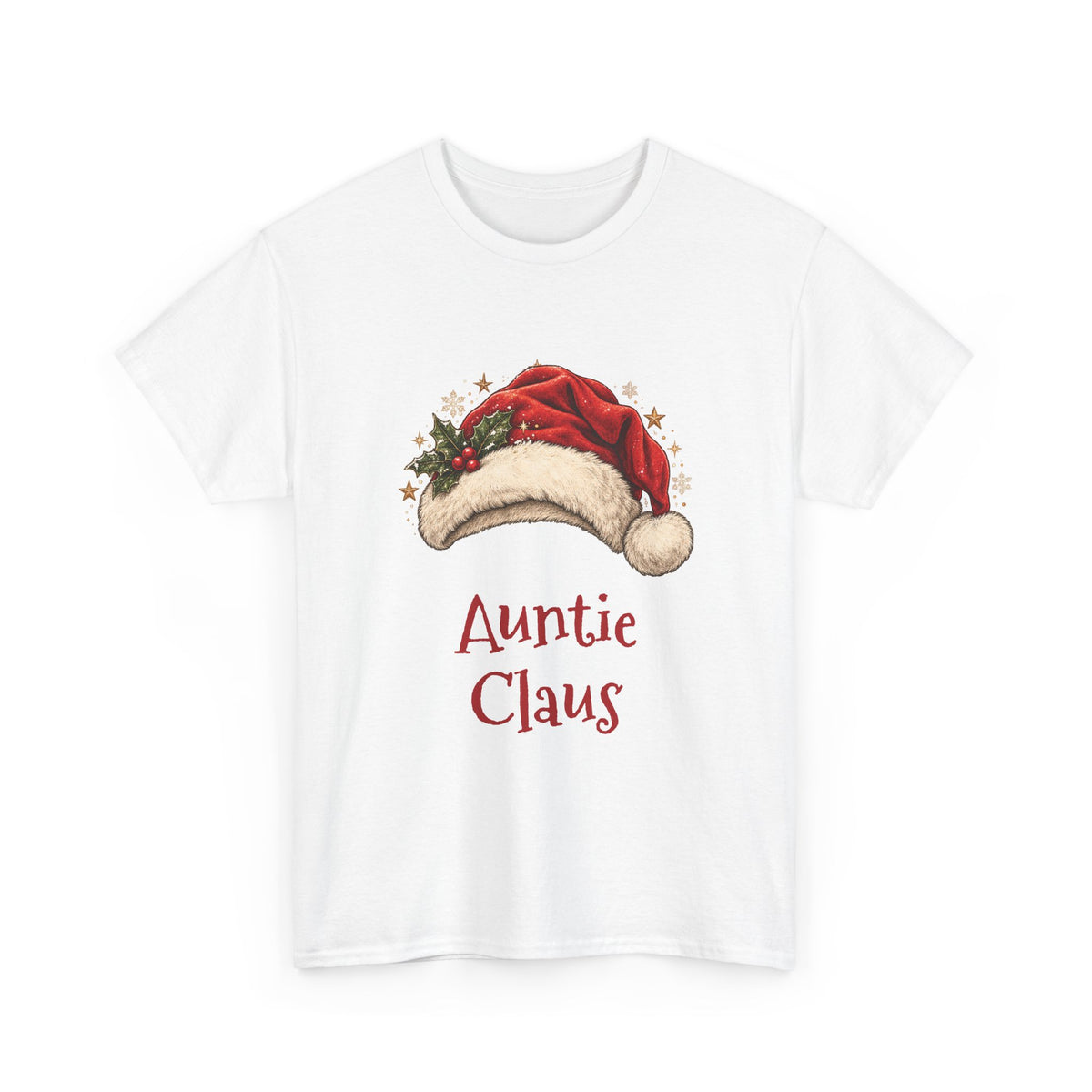 White Auntie Claus t-shirt with a red Santa hat and holly, front view