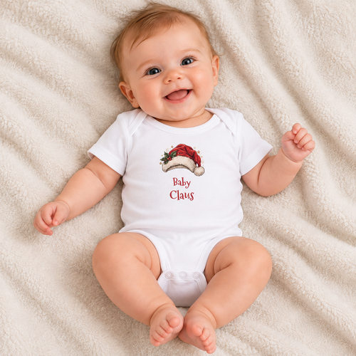 Baby wearing the White Baby Claus baby bodysuit