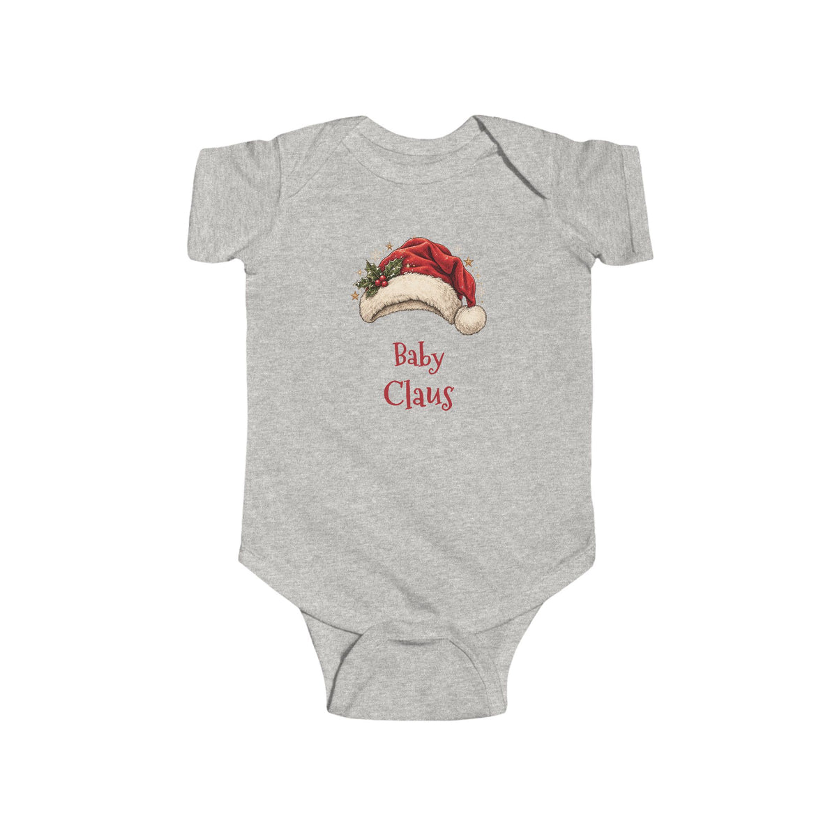 Ash Baby Claus baby bodysuit with a red Santa hat and holly, front view
