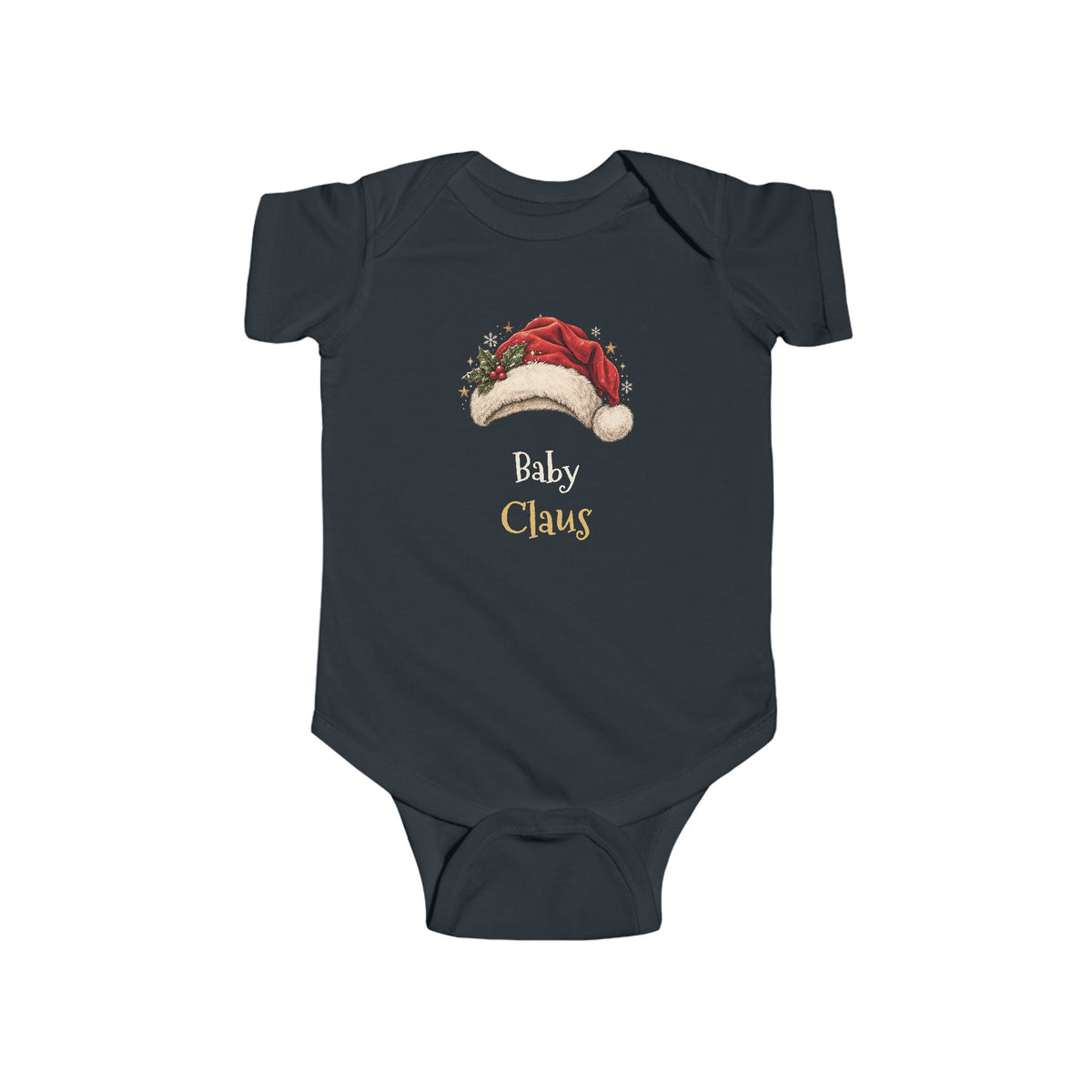 Black Baby Claus baby bodysuit with a red Santa hat and holly, front view