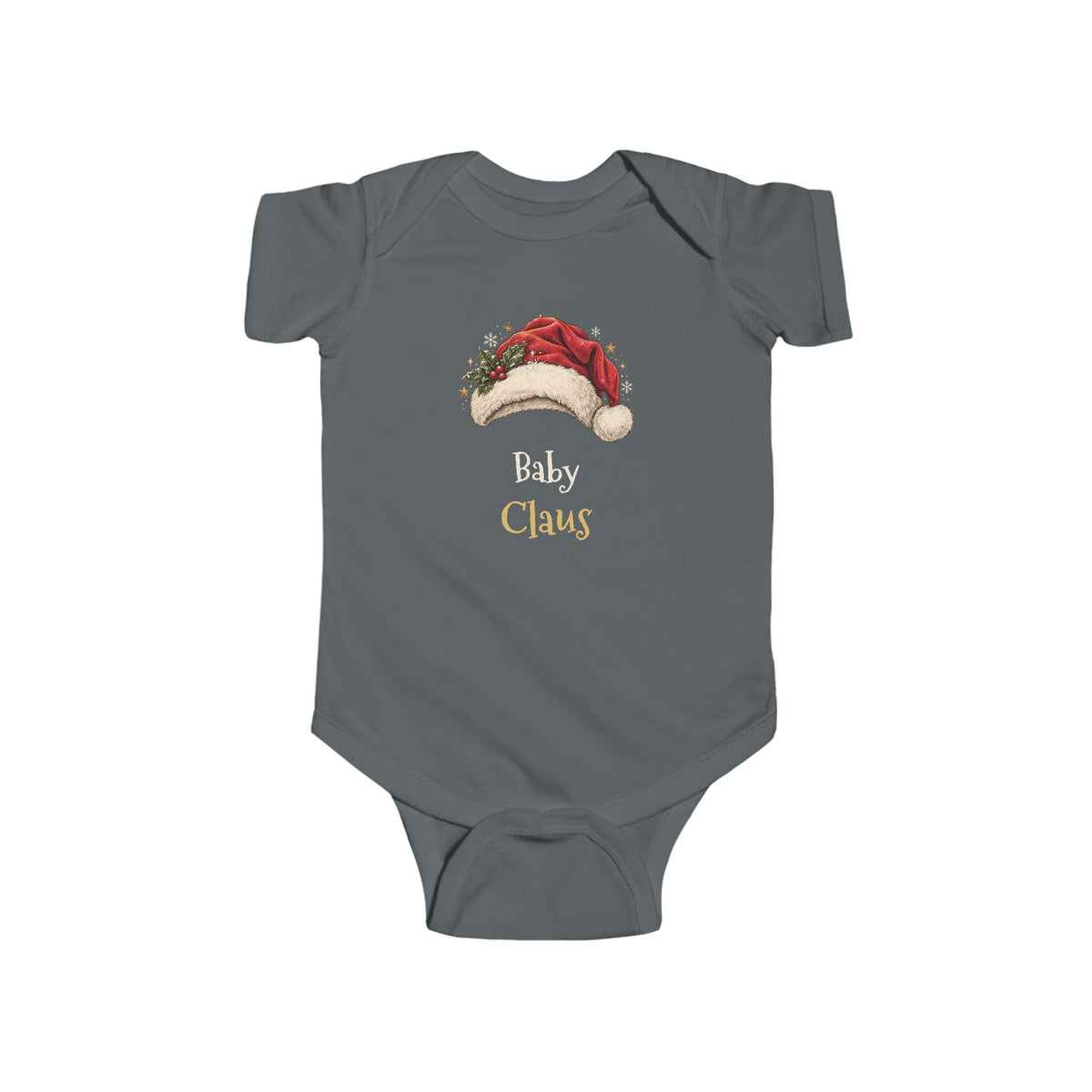 Charcoal Baby Claus baby bodysuit with a red Santa hat and holly, front view