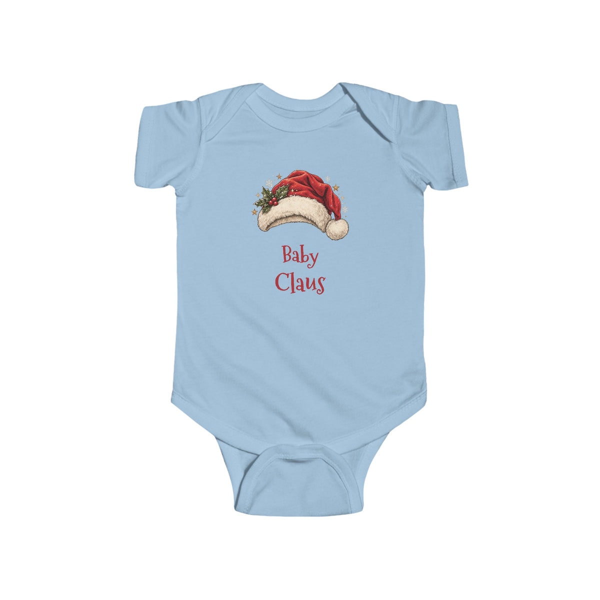 Light Blue Baby Claus baby bodysuit with a red Santa hat and holly, front view