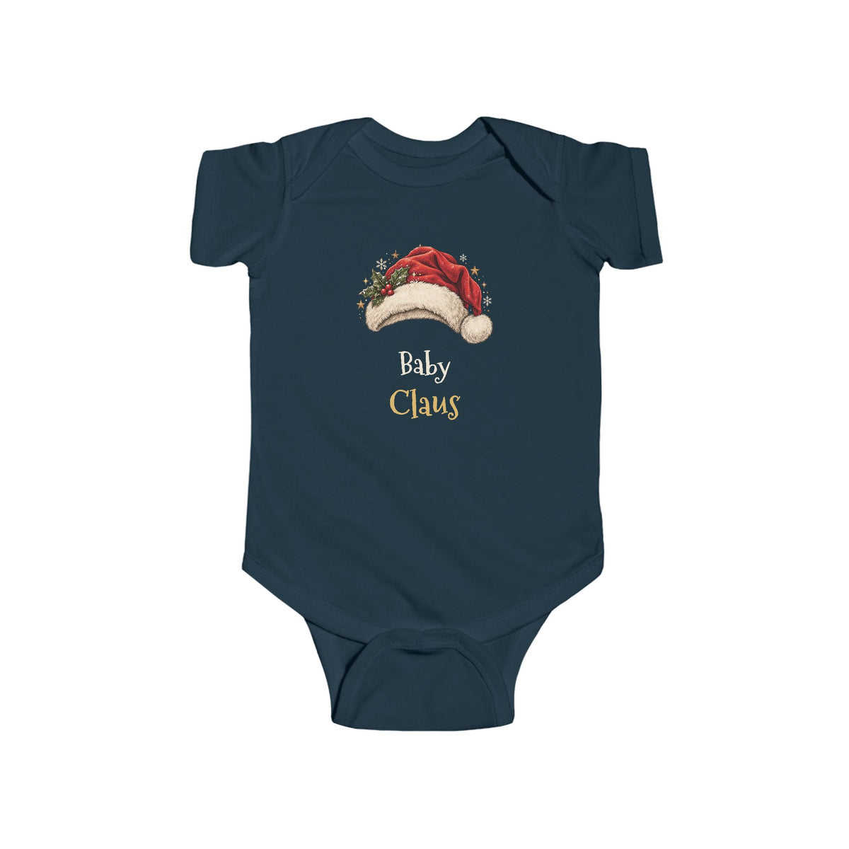 Navy Baby Claus baby bodysuit with a red Santa hat and holly, front view