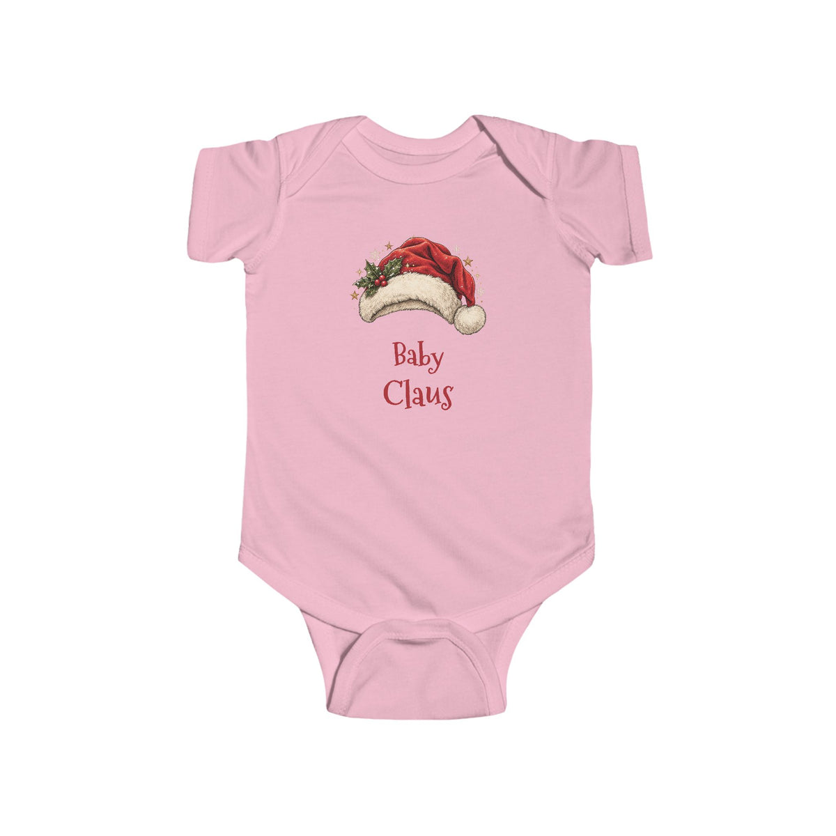 Pink Baby Claus baby bodysuit with a red Santa hat and holly, front view