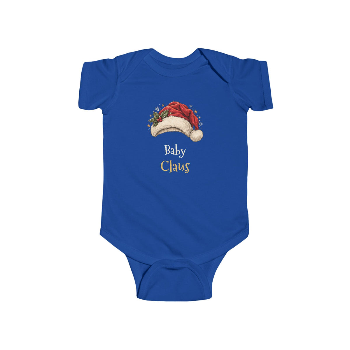 Royal Baby Claus baby bodysuit with a red Santa hat and holly, front view
