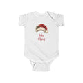 White Baby Claus baby bodysuit with a red Santa hat and holly, front view